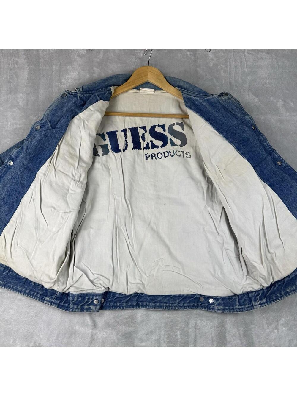 Vintage Guess Georges Marciano Denim Jacket Leather Patchwork Blue USA Mens L - Picture 2 of 11